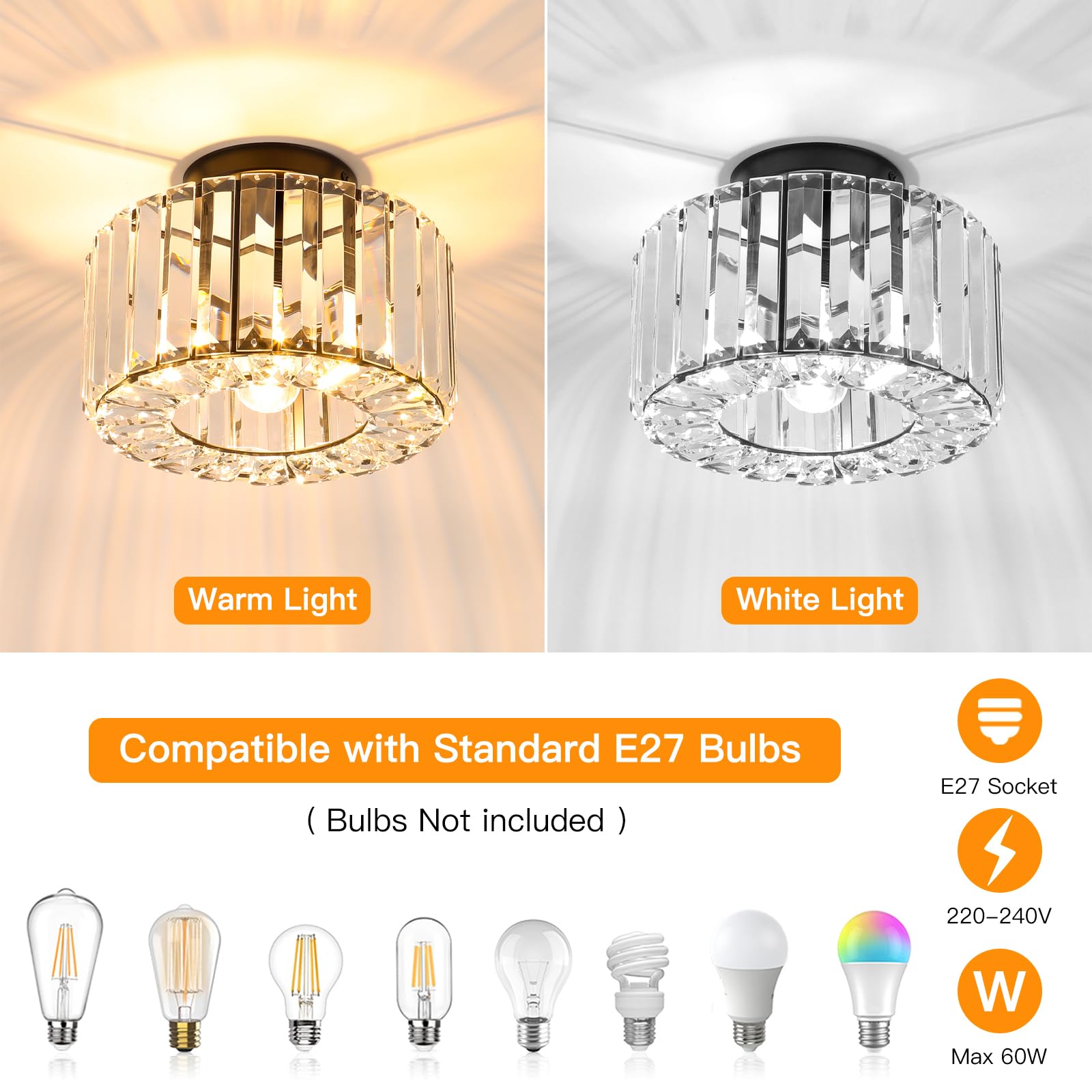 Kristall Deckenleuchte Ø245mm, Kronleuchter Schwarz mit Metall Rahmen Lampenschirm, Sockel E27 Deckenlampe, Moderne Lampe für Schlafzimmer Wohnzimmer Flur Küche Esszimmer
