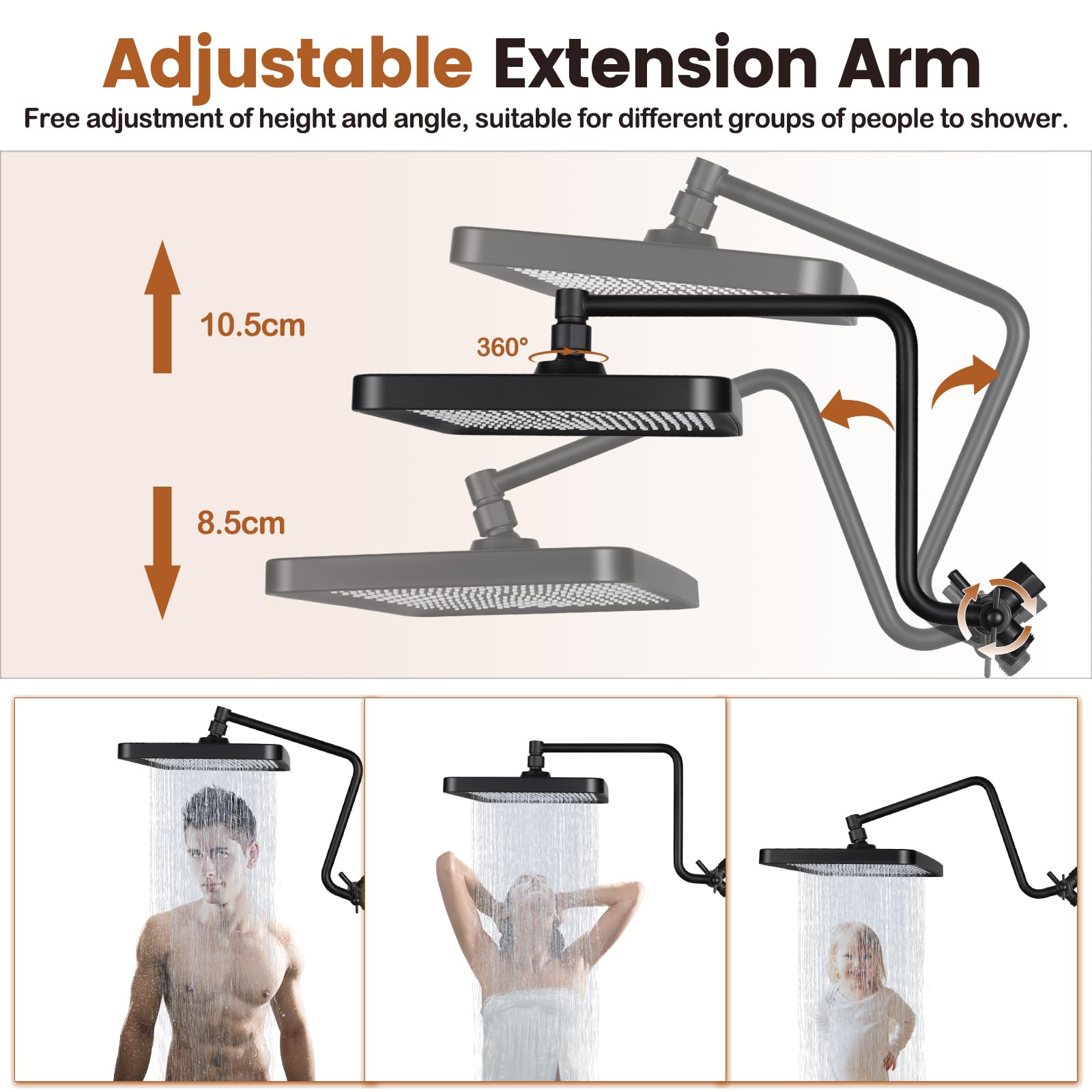 Mattschwarzer Duschkopf Mit Handbrause – Quadratischer Regenduschkopf 15 Cm & 3-Funktionen-Handheld