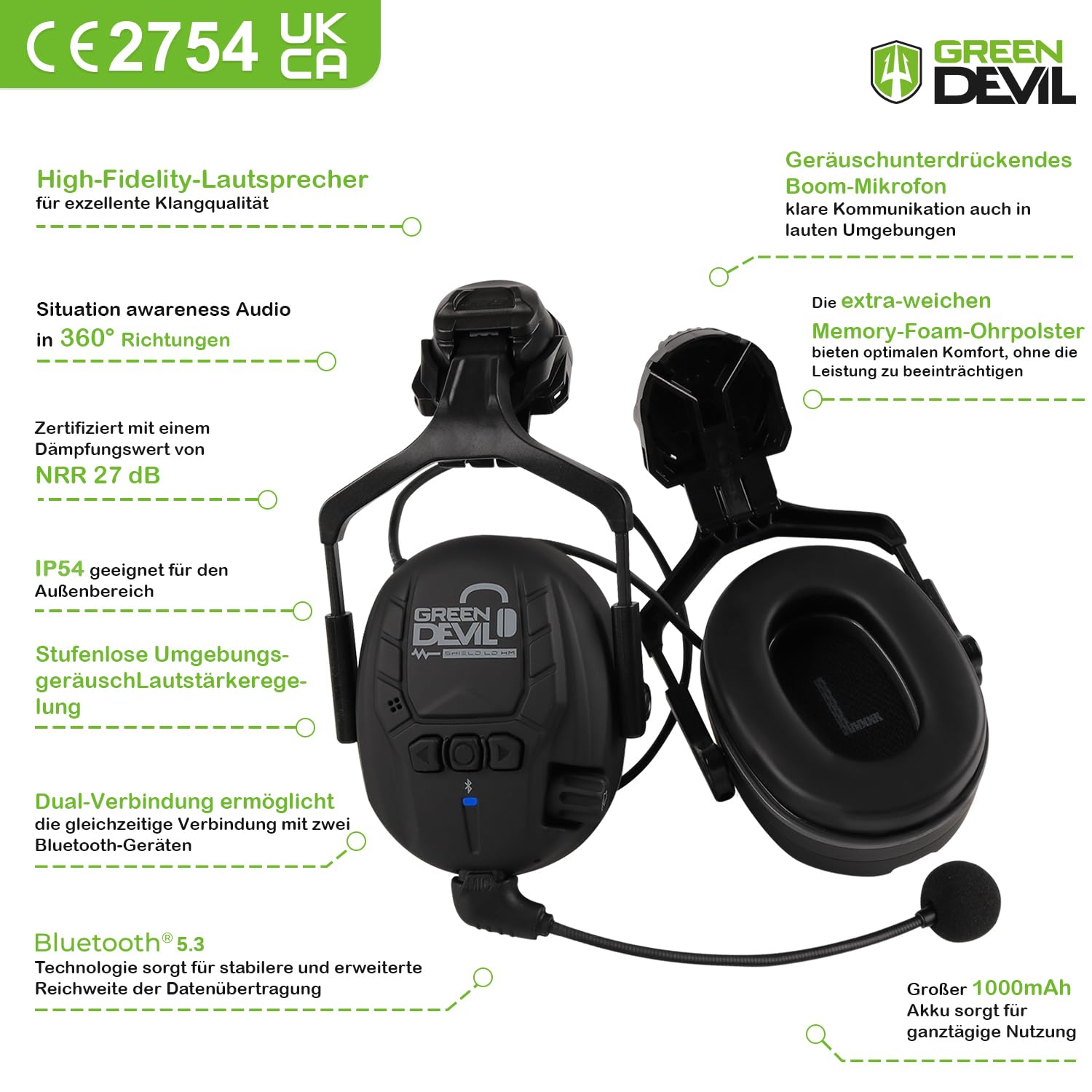 GREEN DEVIL Mervex Vent Ultimate Set - EN397 & EN166 zertifizierter Industrieschutzhelm mit Doppelvisier (außen getönt/innen klar) + Shield LD Bluetooth Gehörschutz + Intelligente Helmleuchte