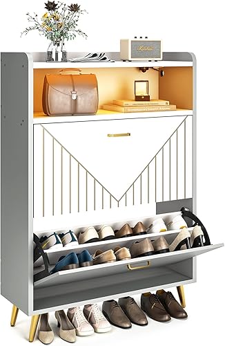 Miniatura 8 de Aheaplus Zapatero con puertas abatibles, organizador de almacenamiento de zapatos con sensor de movimiento de luz LED, estante de madera para