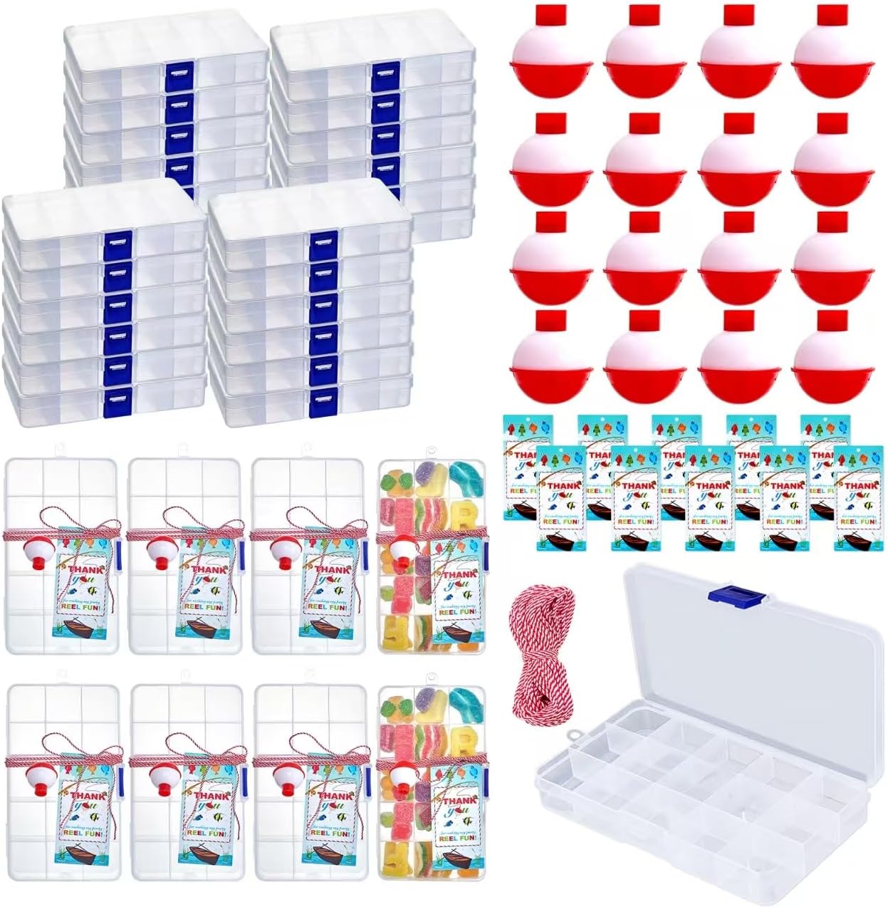 Cherizia 73Pcs Fishing Party Favors Candy Little Tackle Boxes 24 Sets with Red White Floater Thank You Cards for Making My Reel Fun Fishing Gone Theme Party Decorations (24)