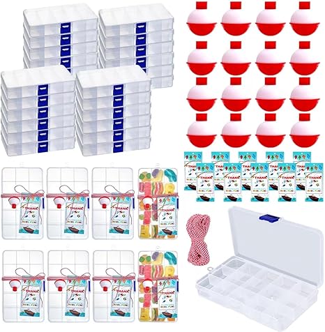 Cherizia 73Pcs Fishing Party Favors Candy Little Tackle Boxes 24 Sets with Red White Floater Thank You Cards for Making My Reel Fun Fishing Gone Theme Party Decorations (24)