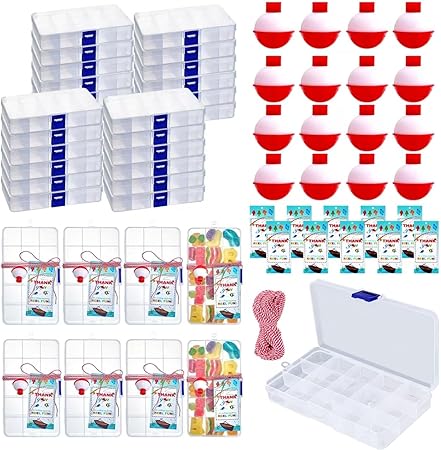 Cherizia 73Pcs Fishing Party Favors Candy Little Tackle Boxes 24 Sets with Red White Floater Thank You Cards for Making My Reel Fun Fishing Gone Theme Party Decorations (24)