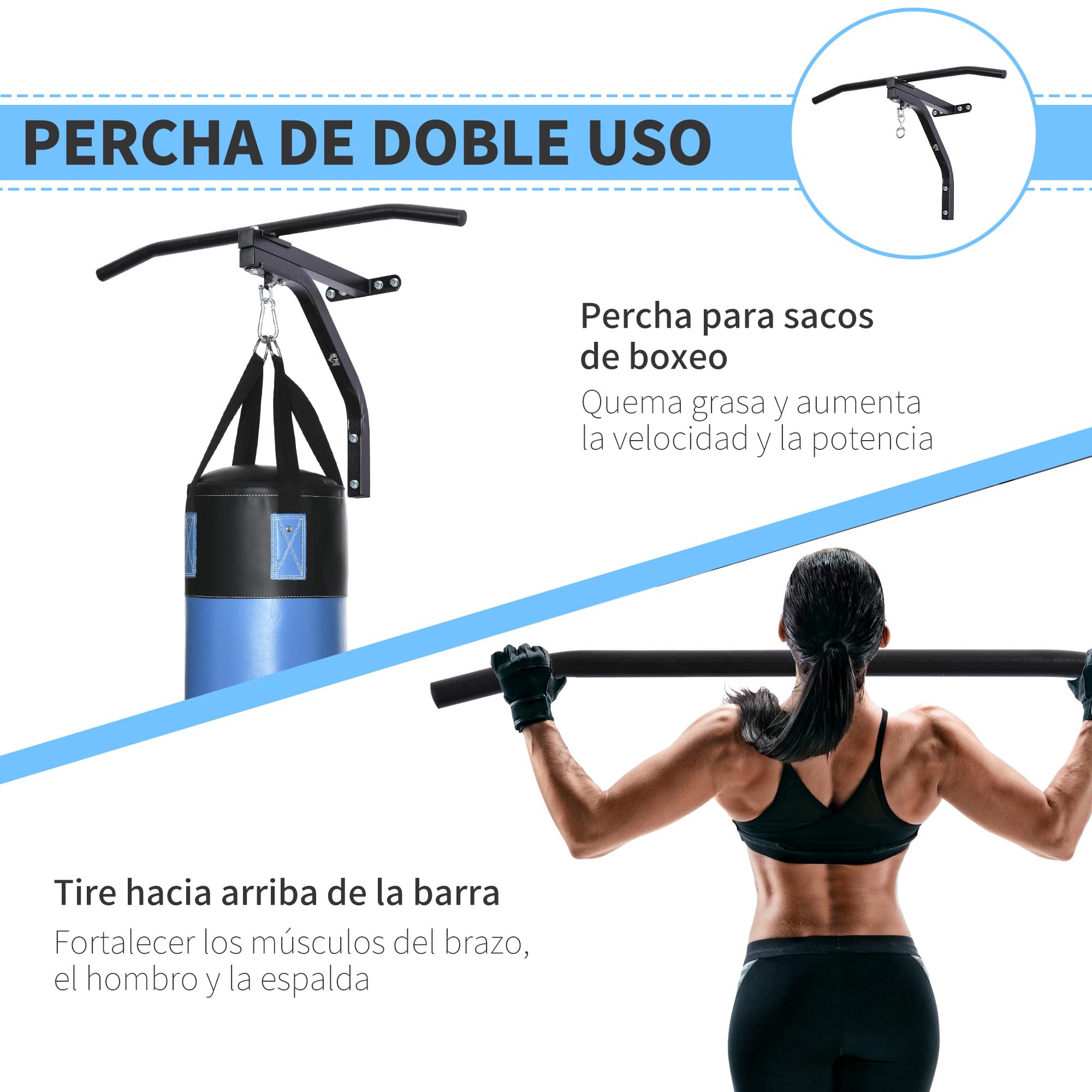 HOMCOM Barra de Dominadas 2 en 1 Pared Acero 130 kg 93x47x51 cm Negro