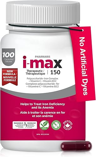 i-max Suplemento de hierro de 150 mg, vitamina C 250 mg y B12 1000 mcg, tratamiento de suplemento de hierro para mujeres y hombres, una vez al día,