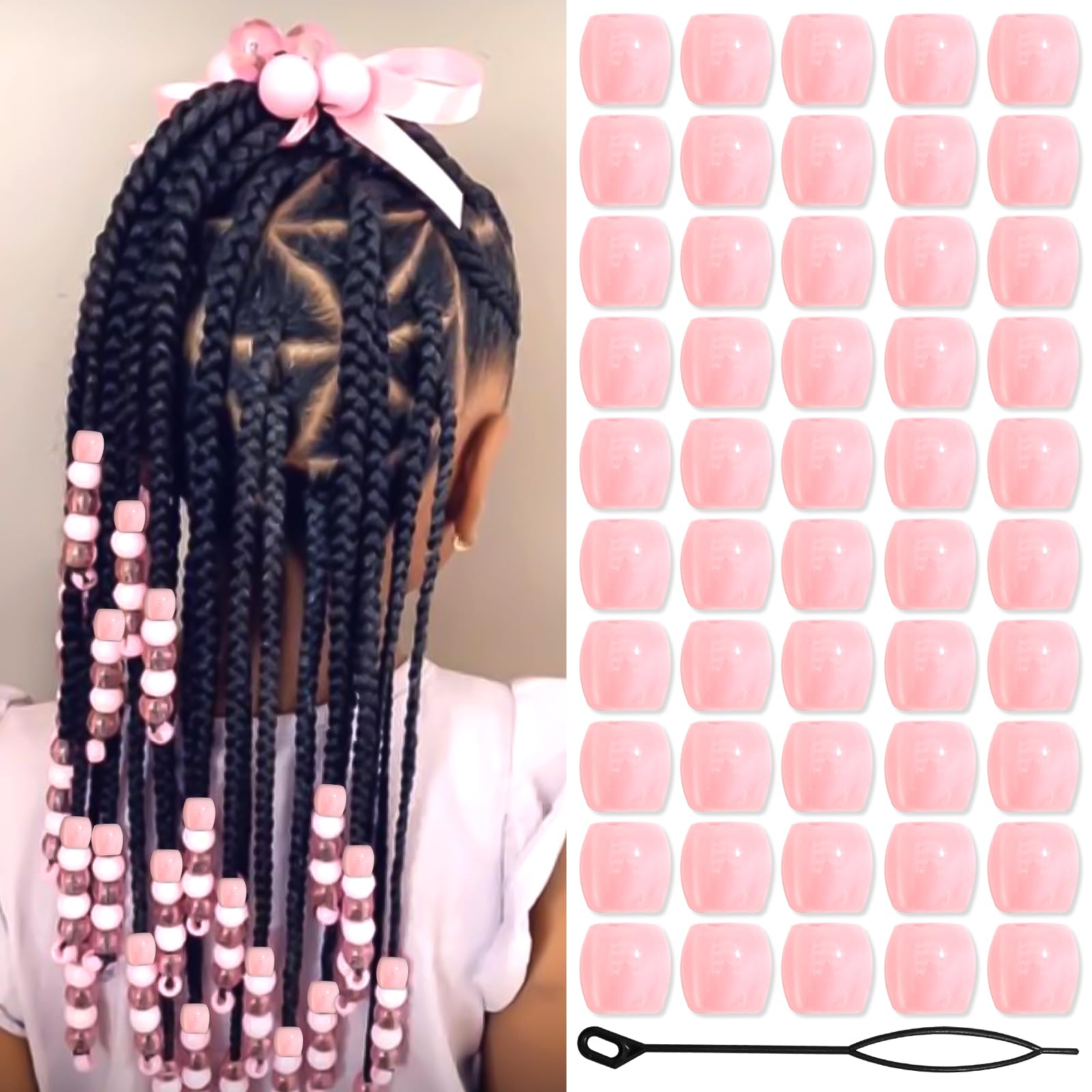 VENOFEN 50PCS Pink Hair Beads Cute Loc Dreadlock Accesories Transparent Pink Acrylic Pony Bead for Braids Hair Decoration for Kids Girls
