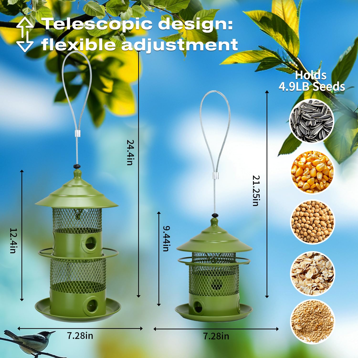 Mangiatoia per uccelli retrattile per esterni, doppia mangiatoia per uccelli, da appendere, in rete metallica, a prova di scoiattolo, elegante decorazione da giardino per patio, per bird watching
