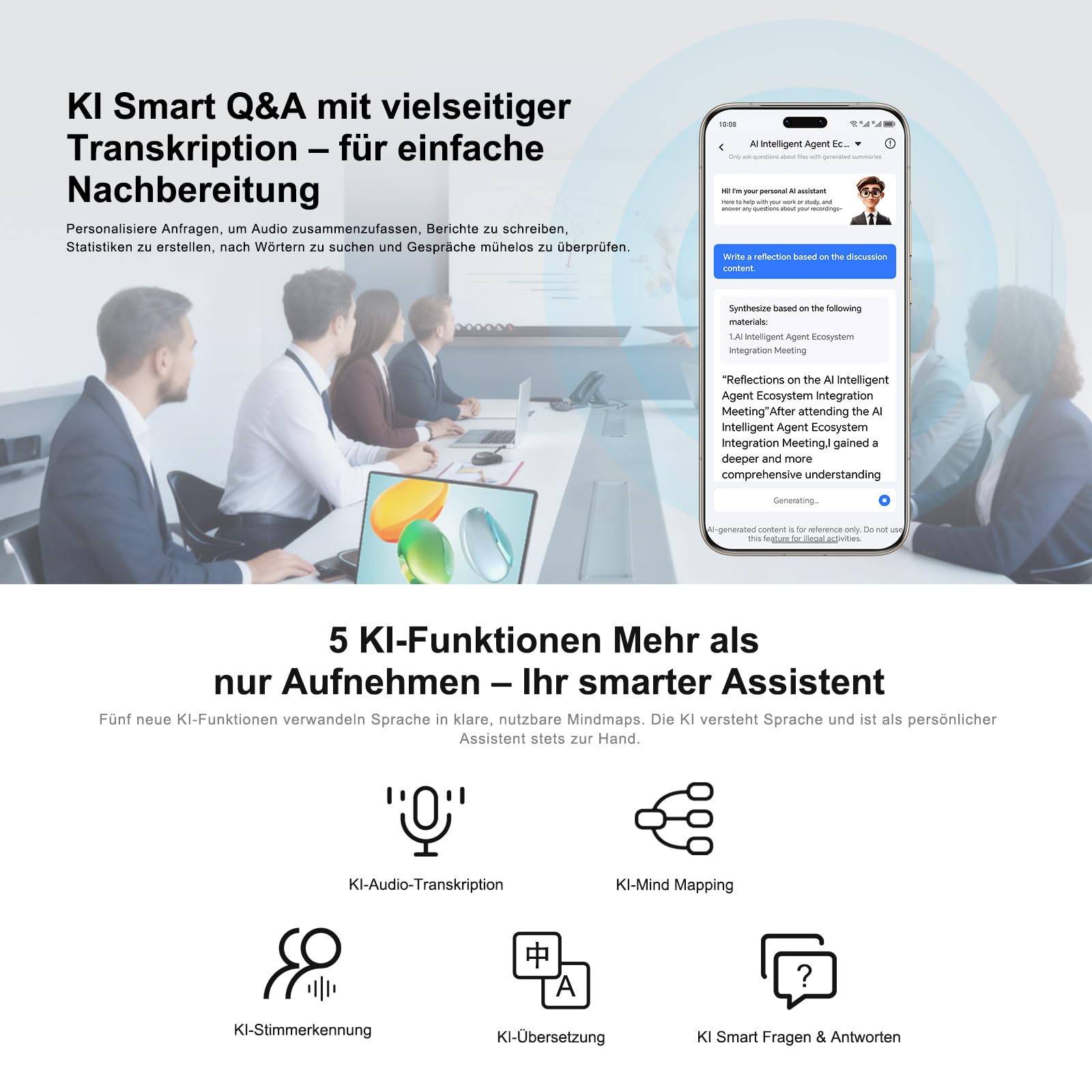 HONOR Choice AI Note Sprachrekorder, 600 Min/Monat Kostenlose Transkription, Digitales Diktiergerät mit KI-Zusammenfassungen & Mind-Maps, 130+ Sprachen, Schlanke Magnetkarte, für Meetings & Anrufe