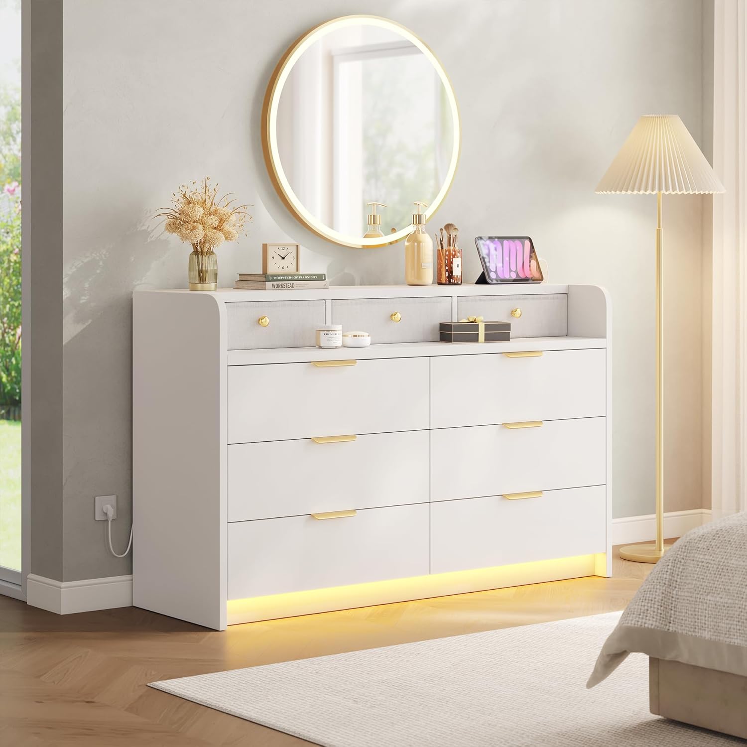 MapleGrace 53'' Wide 9 Drawer Dresser for Bedroom, Wood TV Stand Dresser with Power Outlets & LED Light, Chest of Drawers Closet Store Organizer for Living Room, Hallway, White