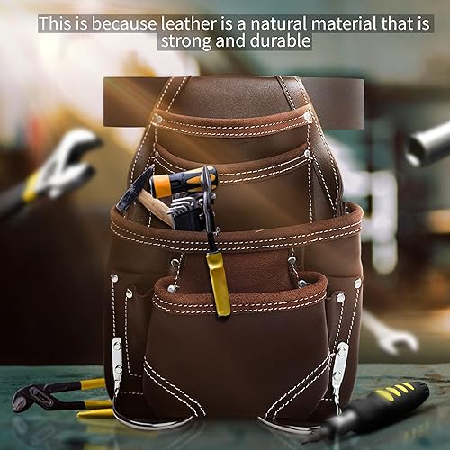 Miniatura 8 de Genuine Leather Tool Pouch Bag with 2'' Work Belt Included for Handyman, Construction, Carpenter, Farmers with 10 Pockets 2 Hammer Holders