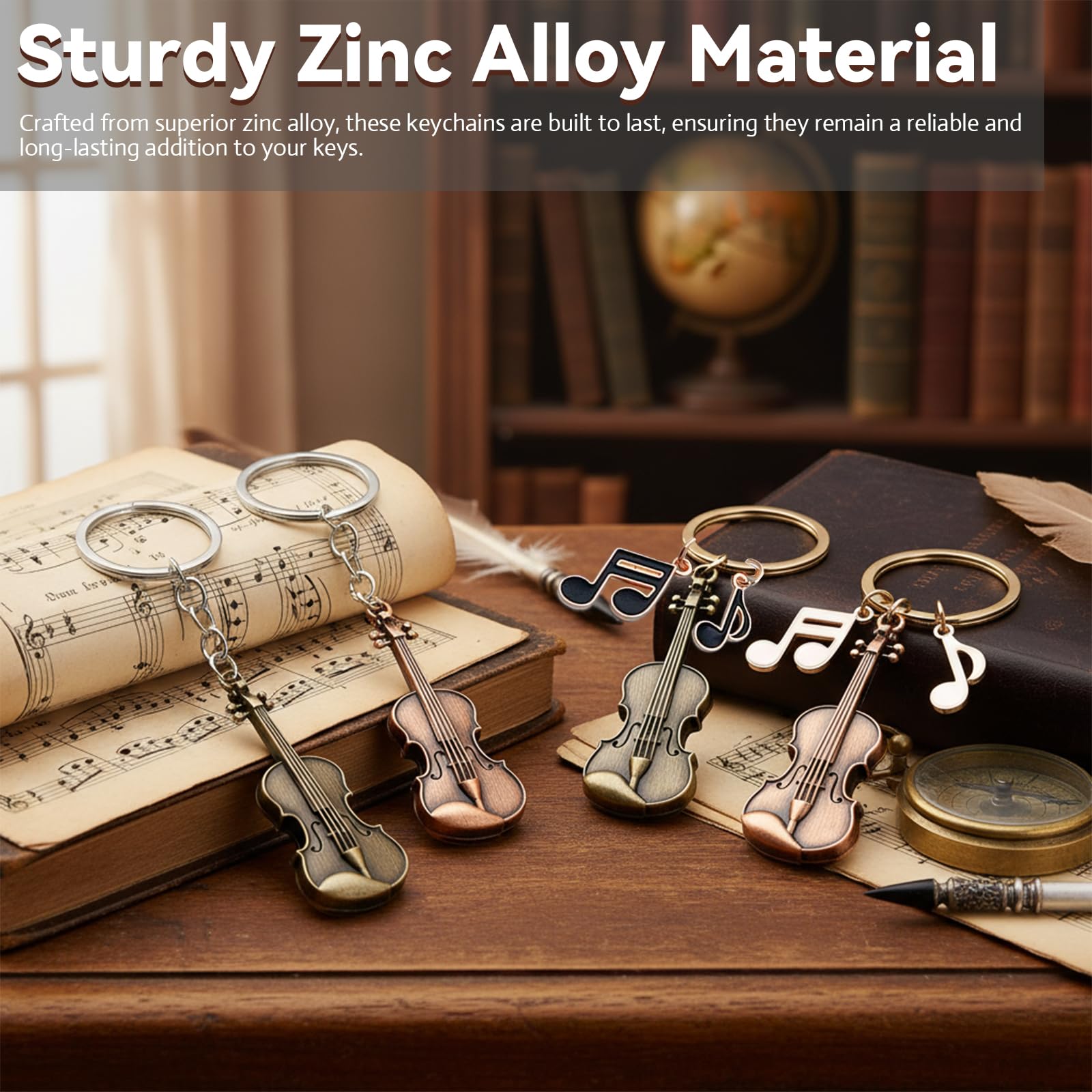 Zinc Alloy Violin Keychain, Weathered Charm in Bronze and Red Copper, Pocket-Sized Tiny Violin Keyring with Musical Notes - 4-Piece Set, Artistic Decor for Music Lovers