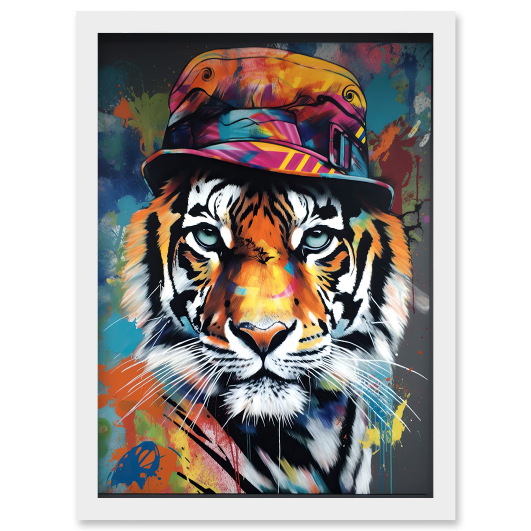 Artery8 Tiger Wearing a Bucket Hat Vibrant Multicoloured Artwork Framed Wall Art Print A4