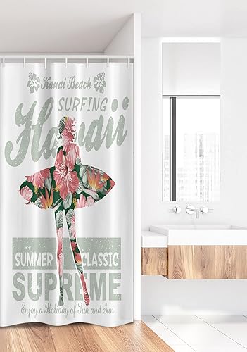 Miniatura 2 de Ambesonne Cortina de ducha hawaiana, diseño de hibisco hawaiano tropical, silueta de niña, tabla de surf, impresión de arte retro, juego de