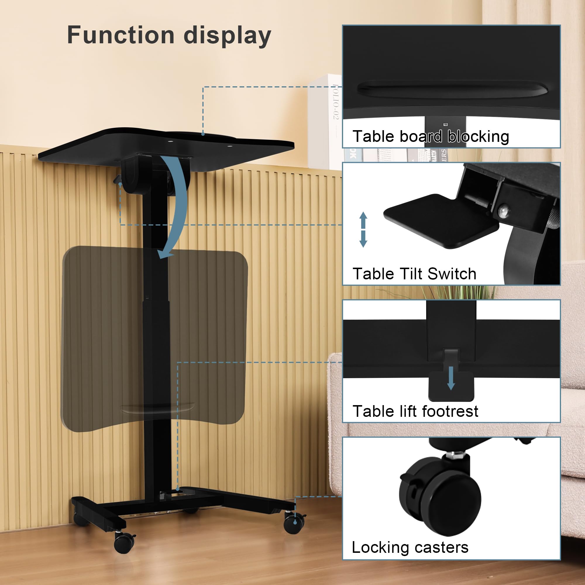 Fromann Mesa neumática ajustable para cama con ruedas, plegable, altura de elevación del pedal ajustable de 73,5 a 110 cm, para sala de estar, dormitorio (color negro)