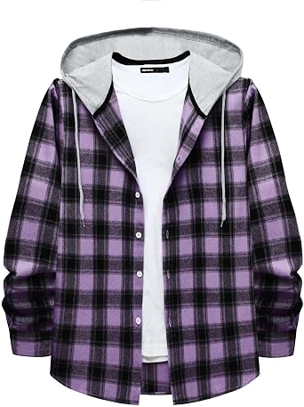 Plaid Shirt Mens Long Sleeve Lightweight Hooded Shirt Jacket Fall Fashion Button Shirts Fall Winter Outwear Coat