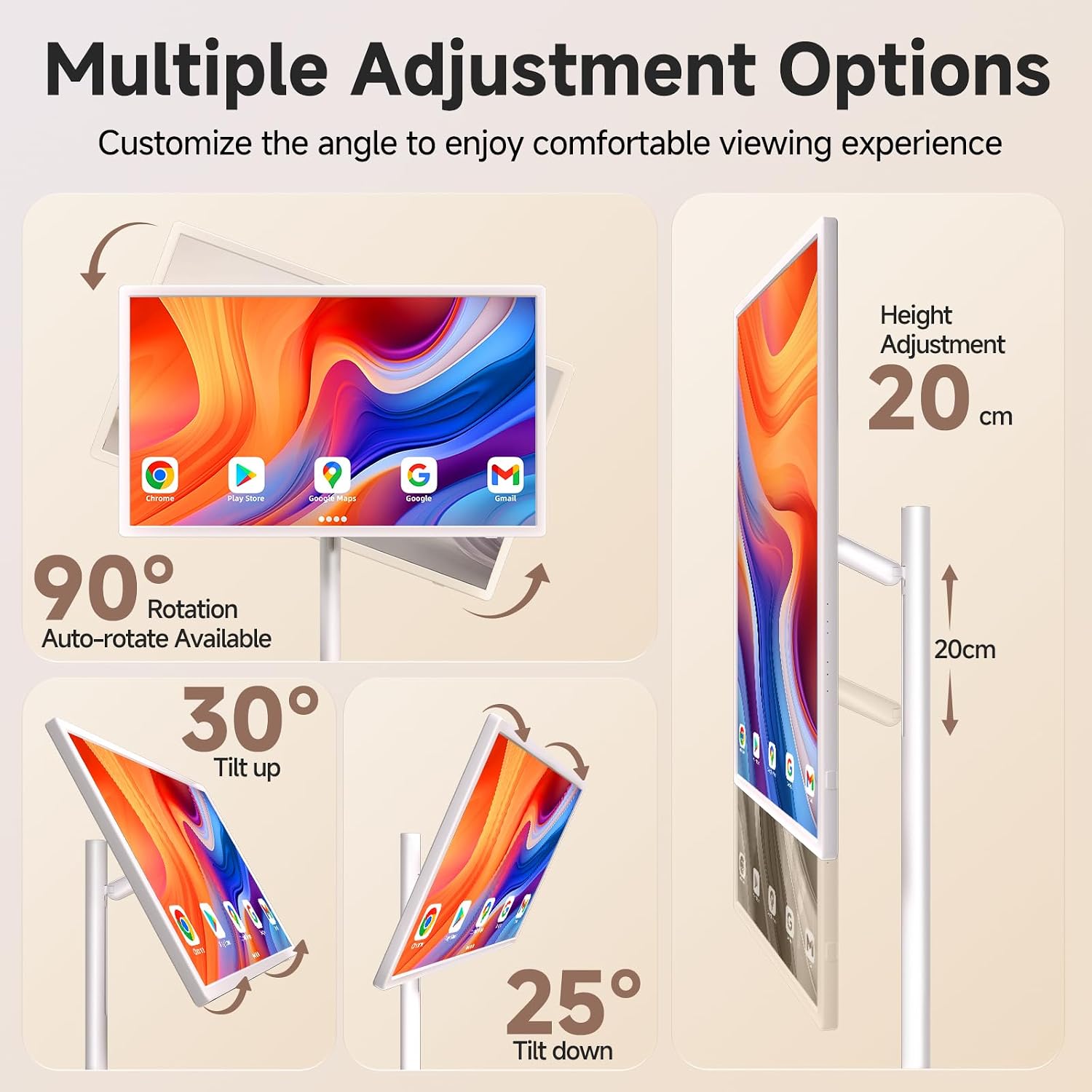 Diagram illustrating the multiple adjustment options of the AOKER 32-inch Smart TV stand, including 90-degree rotation, 30-degree tilt up, 25-degree tilt down, and 20cm height adjustment.