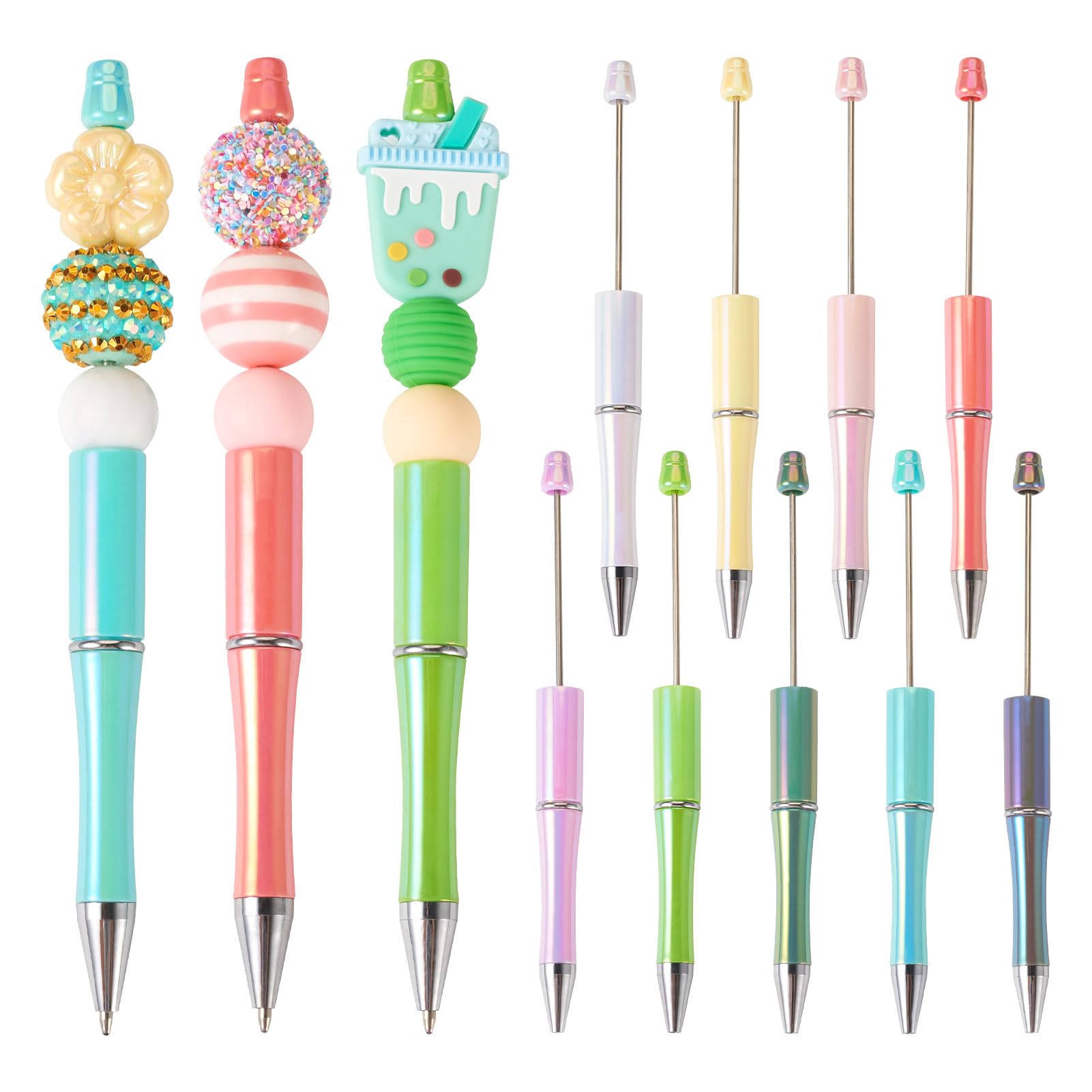 PandaHall 9pcs Beadable Pens Bulk Plastic Beaded Pens Iridescent Shaft Ballpoint Pens for Pen Decorations School Office Craft Supplies