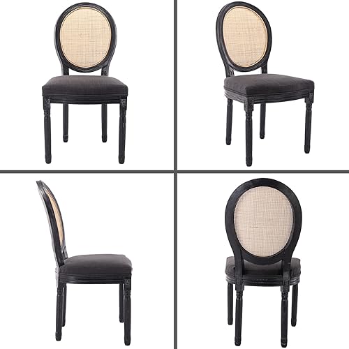 Miniatura 7 de QUINJAY Juego de 2 sillas de comedor estilo granja, tapizadas de lino, estilo vintage, con respaldo redondo de ratán, sillas de comedor antiguas con