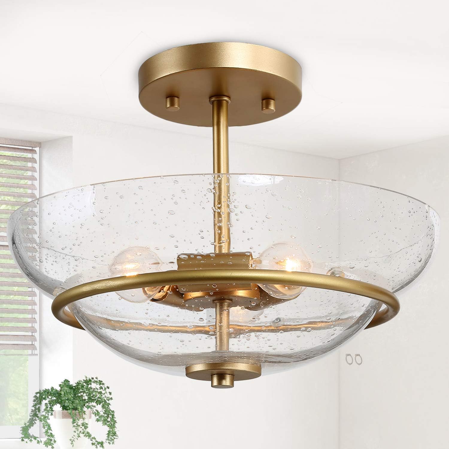 Modern Glass Semi Flush Mount Ceiling Light, Hallway Light Fixtures with Seeded Glass for Dining Room, Bedroom, W12 x H9