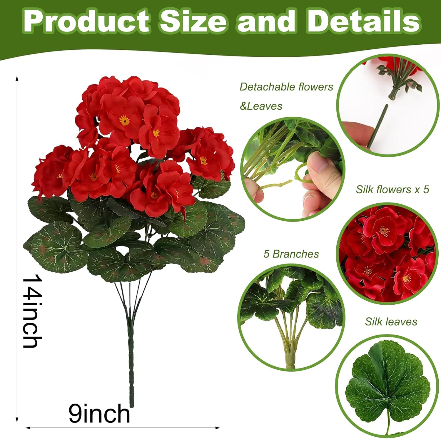 8 Bundles14 Artificial Geranium Flowers for Outdoor Spring Summer Decoration,Fake Silk Geranium Faux Plants UV Resistant for Front Door Planter Outside Home Garden Balcony Yard Porch Decor