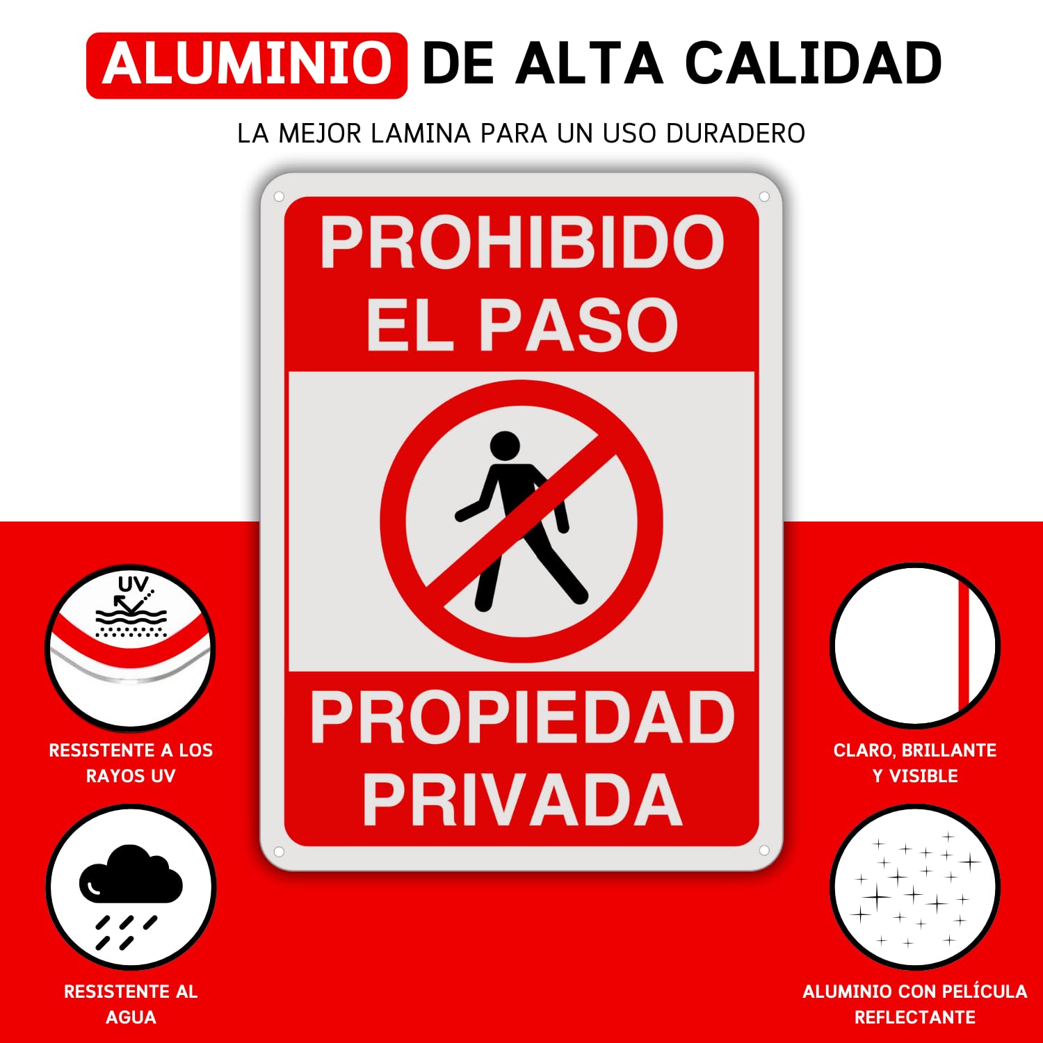 Cartel Prohibido el Paso - 21x28 cm - Aluminio Reflectante - Grosor 0.8 mm - Cartel Propiedad Privada - Resistente Exterior - Impresión UV - Señal Disuasión Prohibido Paso - 2 Unidades (2)
