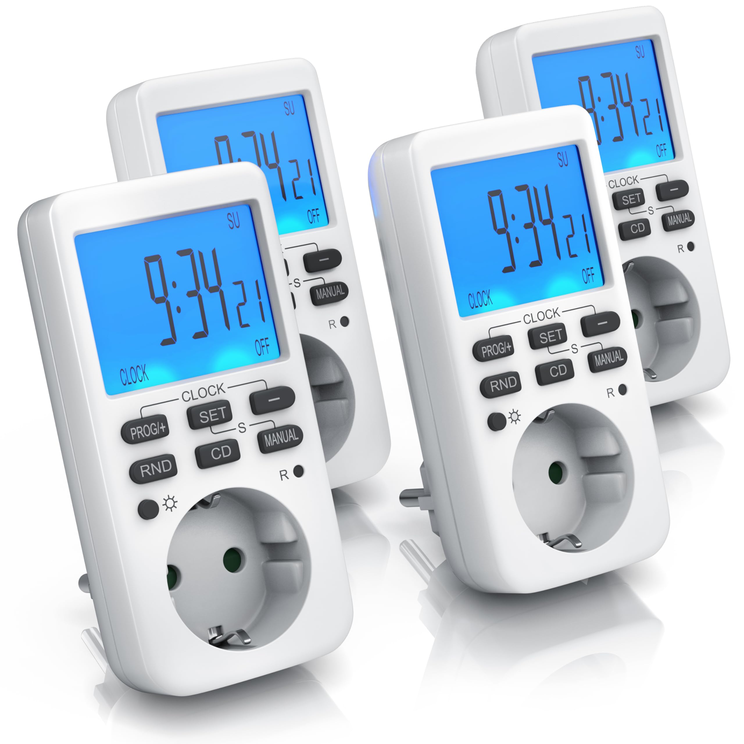 CSL - 4X Digitale Zeitschaltuhr Steckdose 3680W, Timer Steckdose für Innen mit 10 täglichen konfigurierbaren Programmen, LCD Display 2,3 Zoll, Zufallsfunktion für Innen