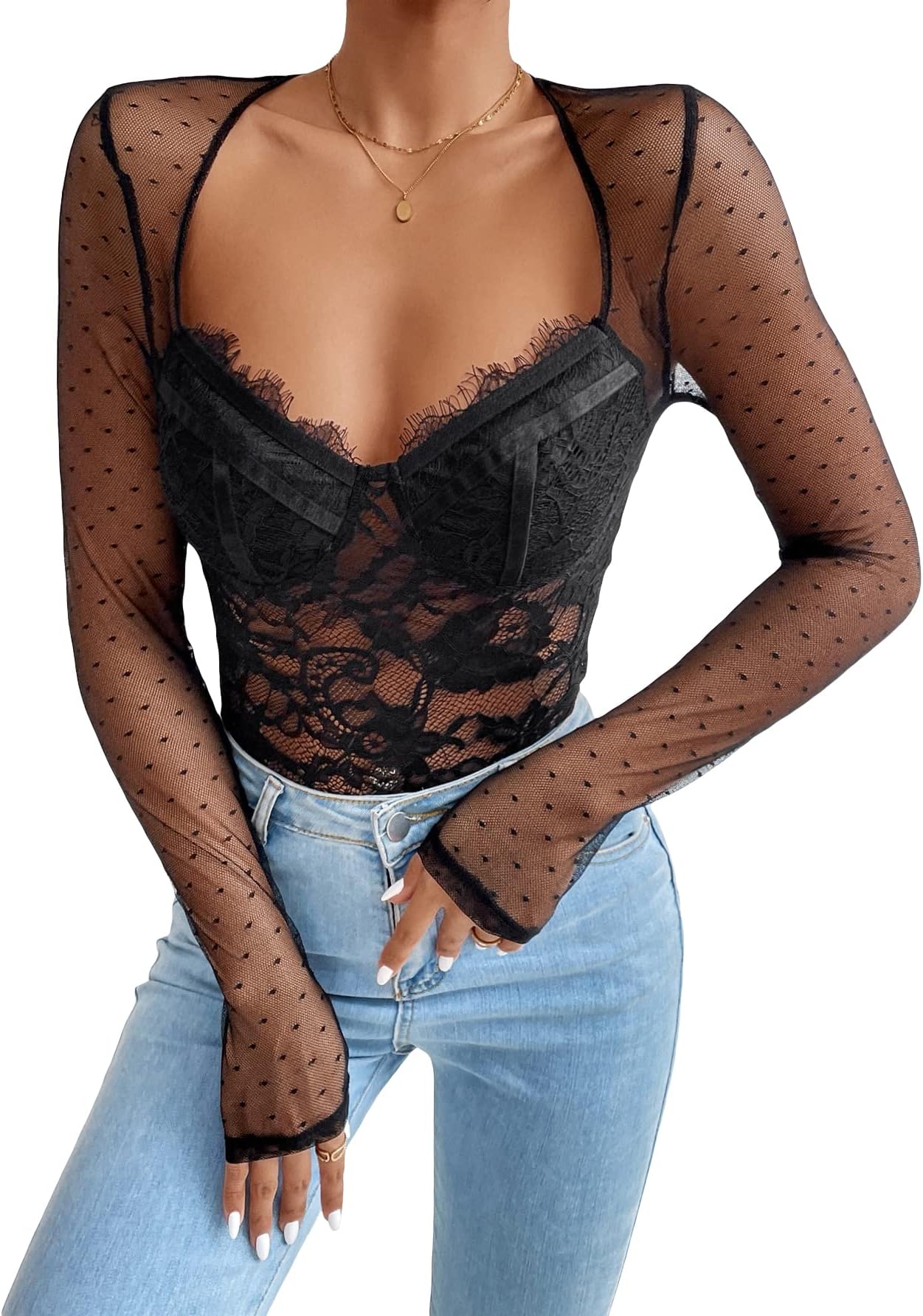 WDIRARAWomen's Polka Dots Lace Sweetheart Neck Mesh Long Sleeve Skinny Bodysuit