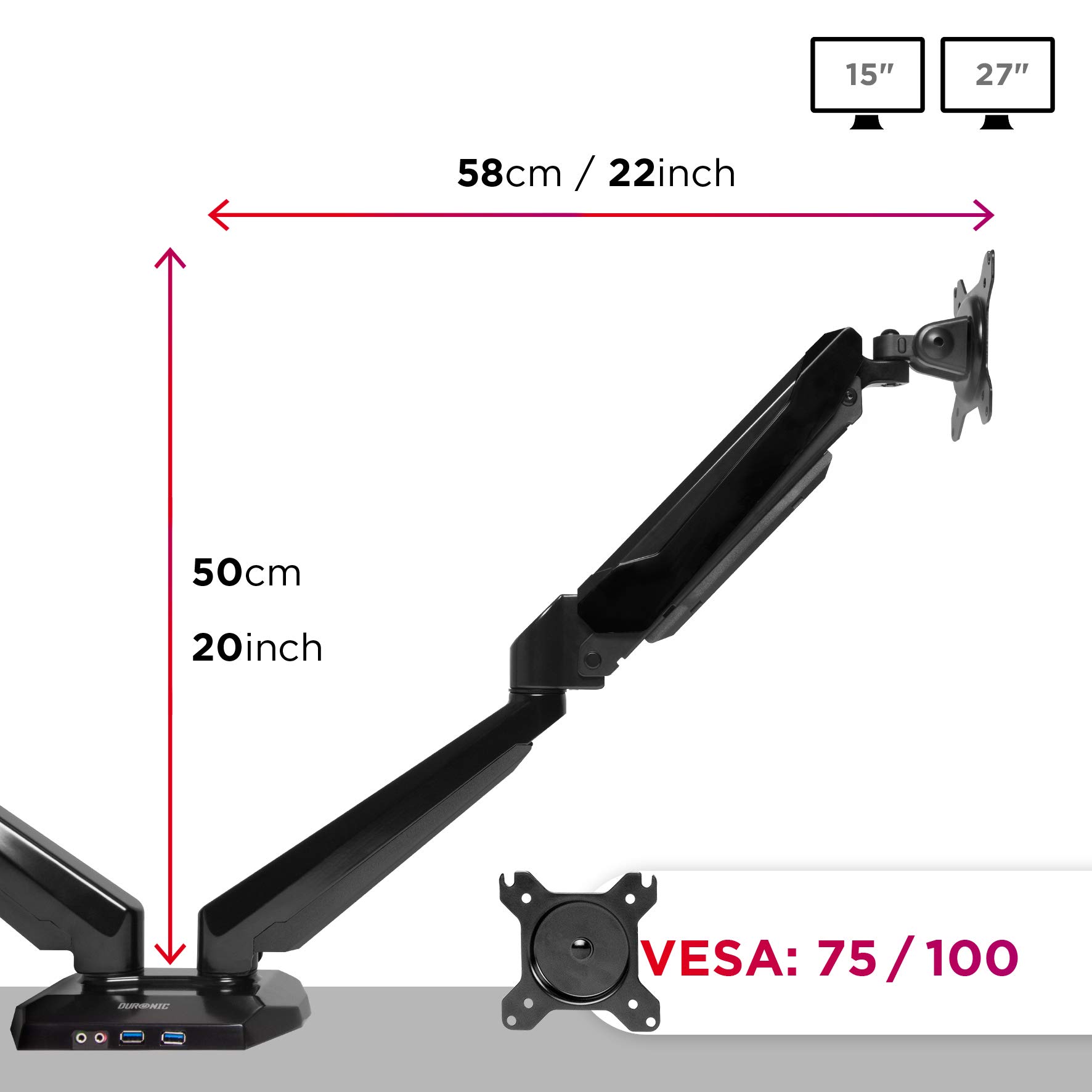 Duronic DMUSB5X2 Supporto Doppio Monitor 13"-27" con Bracci a Molla a Gas | Portata 8kg per Braccio, Altezza Regolabile 50cm, Inclinazione -90°/+85°, Base con Porte USB e Jack Audio, Alluminio