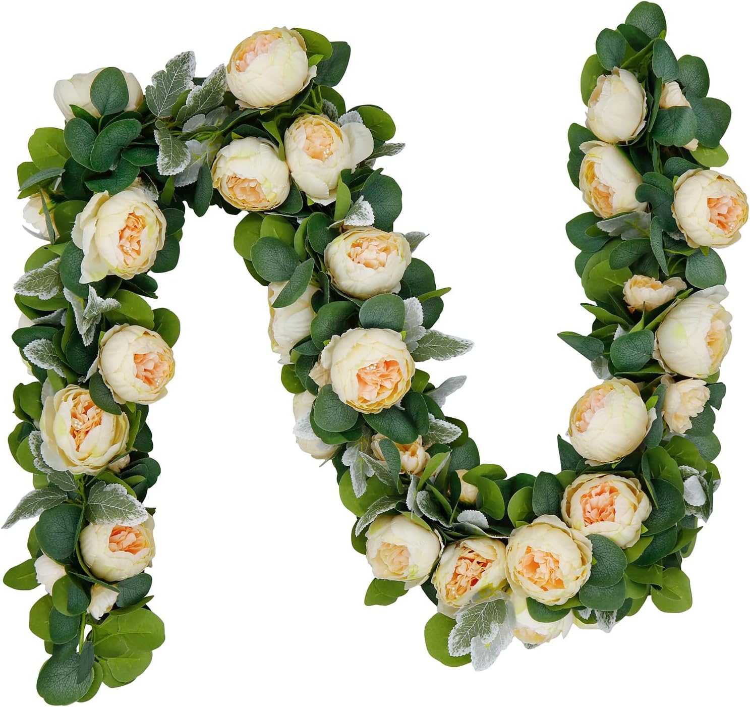 6Pcs 35.4Ft Peony Garland Artificial Flowers Faux Eucalyptus Garland with Flowers Vine Greenery Garland for Table Wedding Arch Hanging Home Decor Wall Backdrop Party (Champagne)