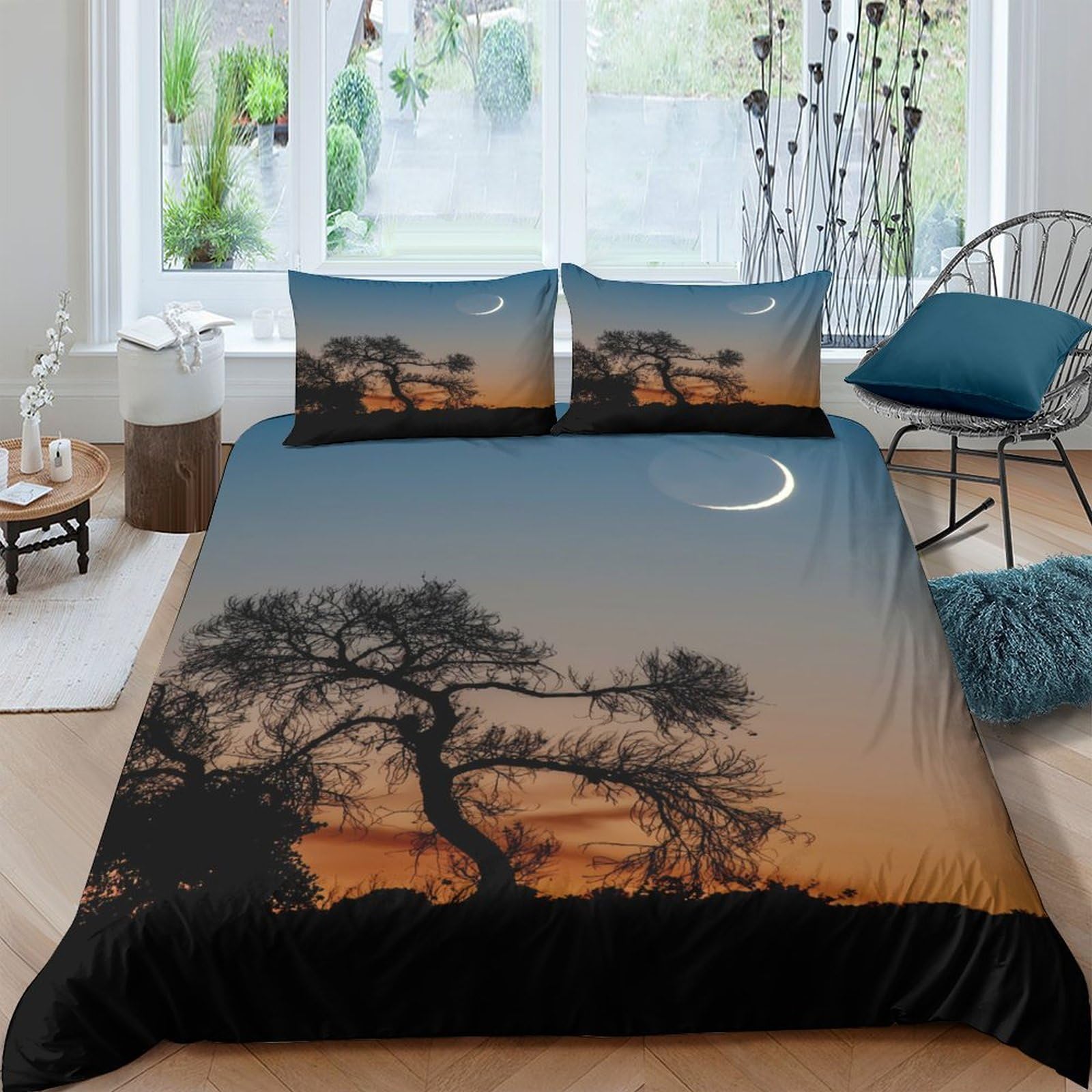 GPLZQXKJNH 3D Printed Sunset Tree Duvet Cover Microfiber Soft Breathable Moon Bedding Set with 2 Pillowcases for Bedroom Decor Single（135x200cm）