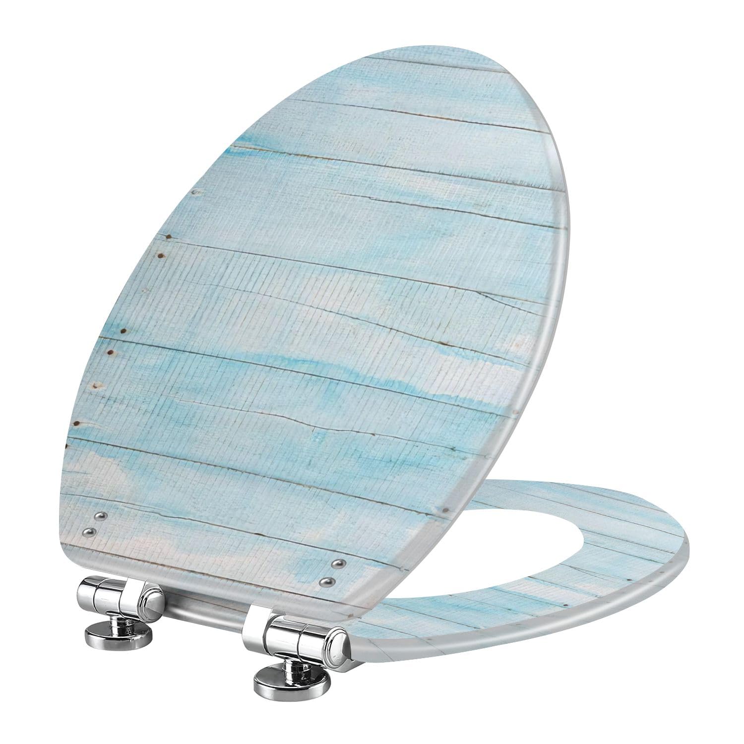 Elongated Toilet Seat Distressed worn weathered old pastel blue white colored wooden teak Resin Toilet Seat Slow Quiet Close with Quick-Release Hinges Toilet Seat with Cover Easy to Clean Install