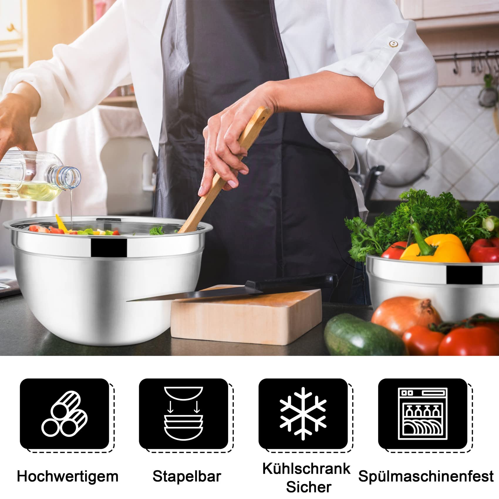 Onader Cuenco para mezclar, 5 piezas, acero inoxidable, juego de ensaladera con tapa hermética, perfecto para hornear/cocinar, apto para lavavajillas, 4,6/2,8/1,6/1,2/0,7L, color negro