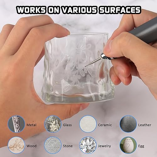 Miniatura 6 de Kit de bolígrafo de grabado recargable inalámbrico con 33 puntos, 10 plantillas, mini máquinas de grabado eléctricas de bricolaje, herramienta
