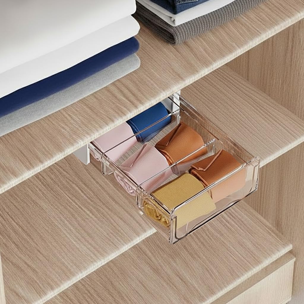 oddpod™ Acrylic Under The Table Hidden Drawer with Detachable Partitions/Pull-out Transparent Desk Organizer Tray for Home & Office - White (Small)
