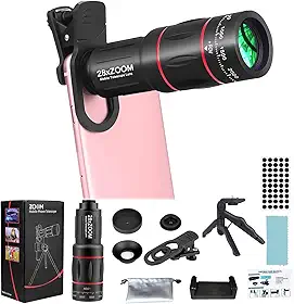 Kit de fixação de lente teleobjetiva para iPhone e lente de câmera de telefone Android com clipe de tripé, HD 28X para uso fácil e fotos impressionantes para visualizações além de 3 metros