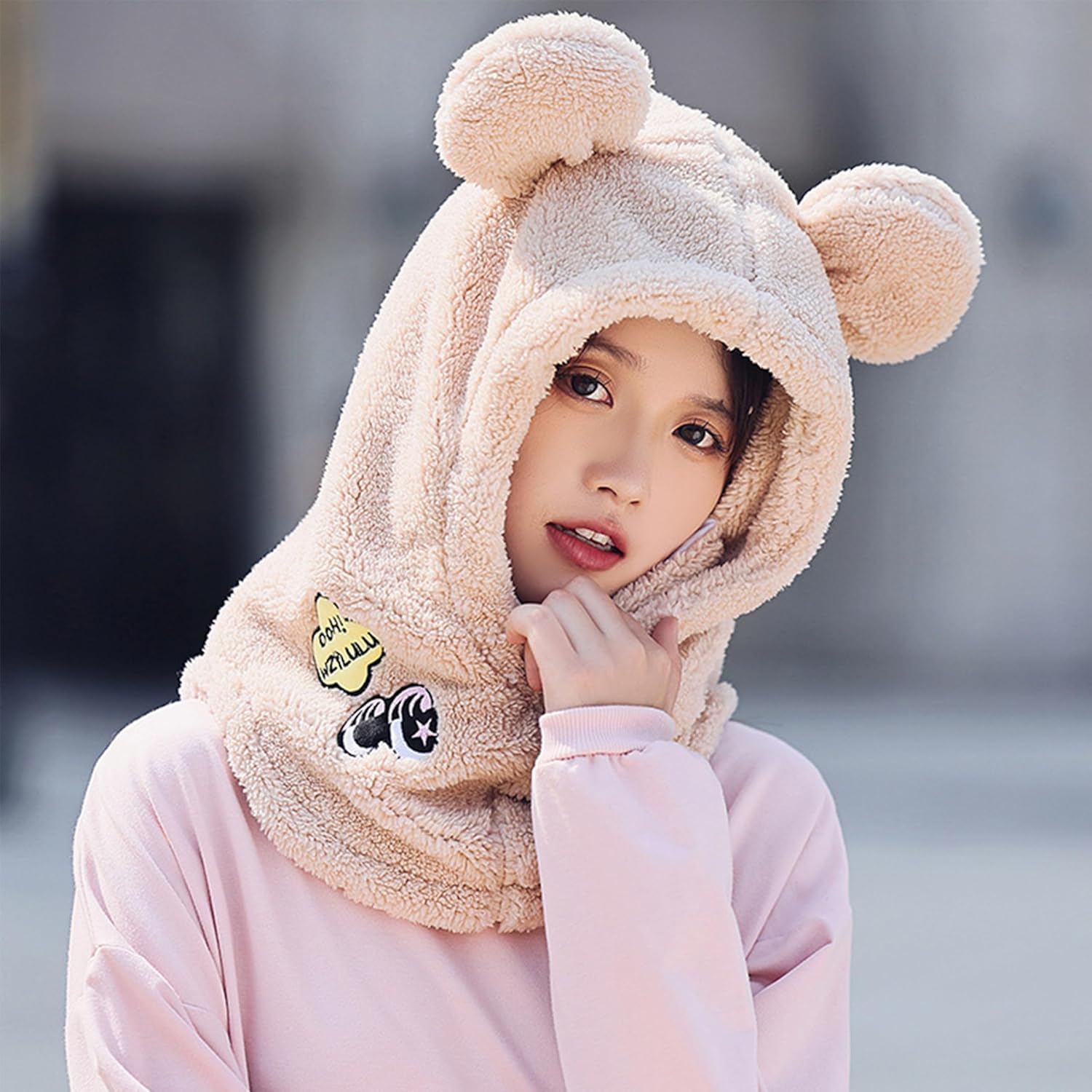 ThiCc Capuche Sherpa pour femme – Chapeau mignon avec oreilles de lapin et de chat en peluche pour l'hiver, l'équitation, le ski, la cagoule coupe-vent pour temps froid, capuche chaude réglable