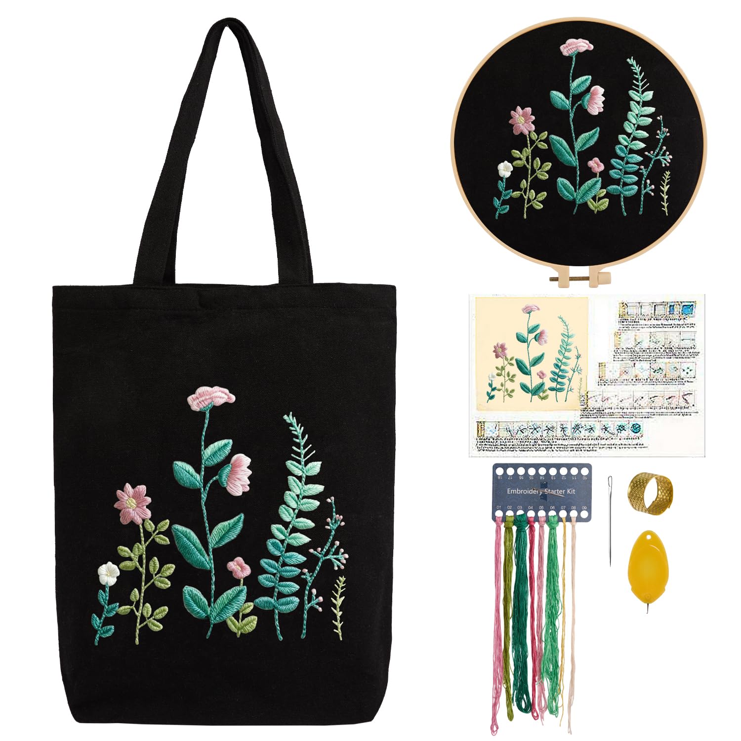 CREAWONDER Hand Embroidery Kits for Bag, Embroidery Kit Bag with Pattern for Beginners, Arts and DIY Embroidery Crafts Kits for Adults, Include Instructions, Embroidery Hoops, Color Threads and Tool