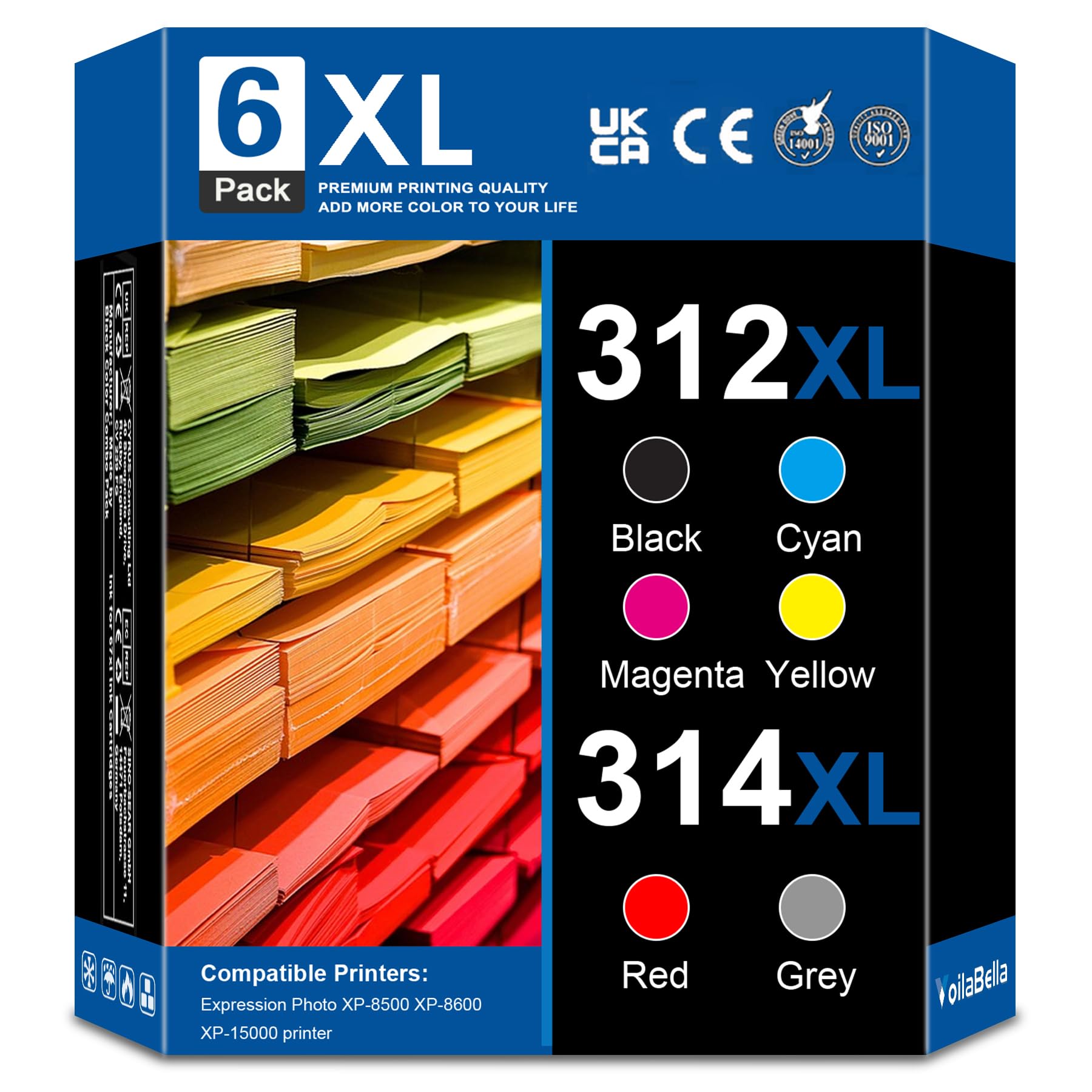 VoilaBella 312XL 314XL Ink Cartridge Replacement for Expression Photo XP-8500 XP-8600 XP-15000 Printe (1 Black,1 Cyan,1 Magenta,1 Yellow,1 Grey,1 Red,
