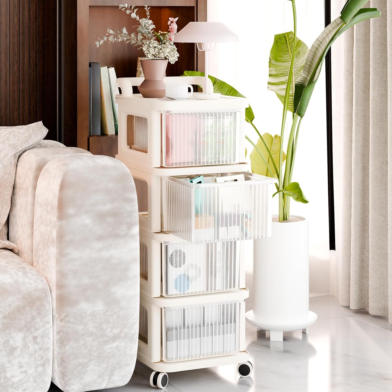 Plastic Drawer Storage Organizer 4 Drawer Plastic Storage Cart, Plastic Rolling Cart with Visible Drawers, Kitchen Pantry Storage Cabinet with Casters For Kitchen Cabinets Home Organization White 4-L