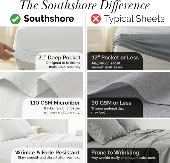Southshore Fine Living, Inc. 4 Piece 21 Inch Queen Sheets Deep Pocket Set, Pleated Hem, Pet Hair Resistant Bed Sheets Queen Size, Hotel Quality Ultra Soft Breathable Microfiber Sheet Set, Bright White