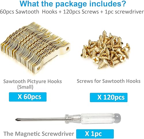 Miniatura 5 de YHYZ Perchas de dientes de sierra a granel (pequeño), 60 ganchos dorados de dientes de sierra con 120 tornillos + destornillador, para marcos de