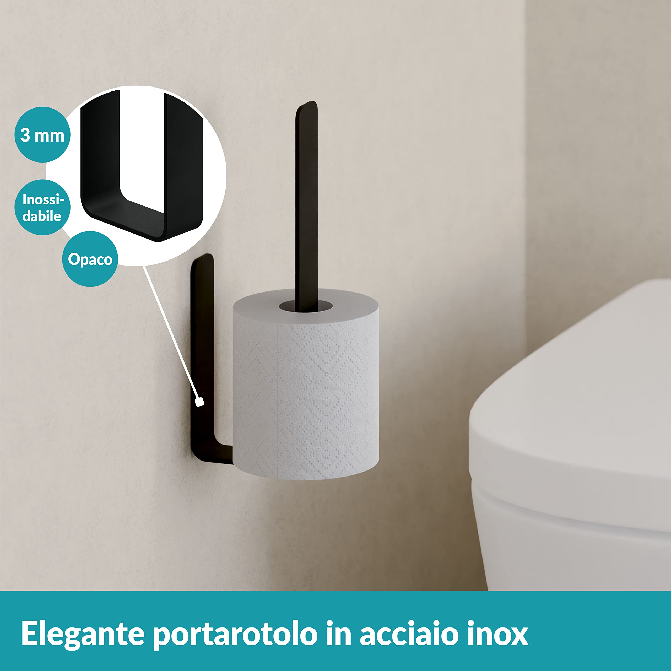 WEISSENSTEIN Portarotoli carta igienica scorta da muro - Porta rotolo bagno acciaio inox satinato - Porta carta igienica nera adesiva verticale