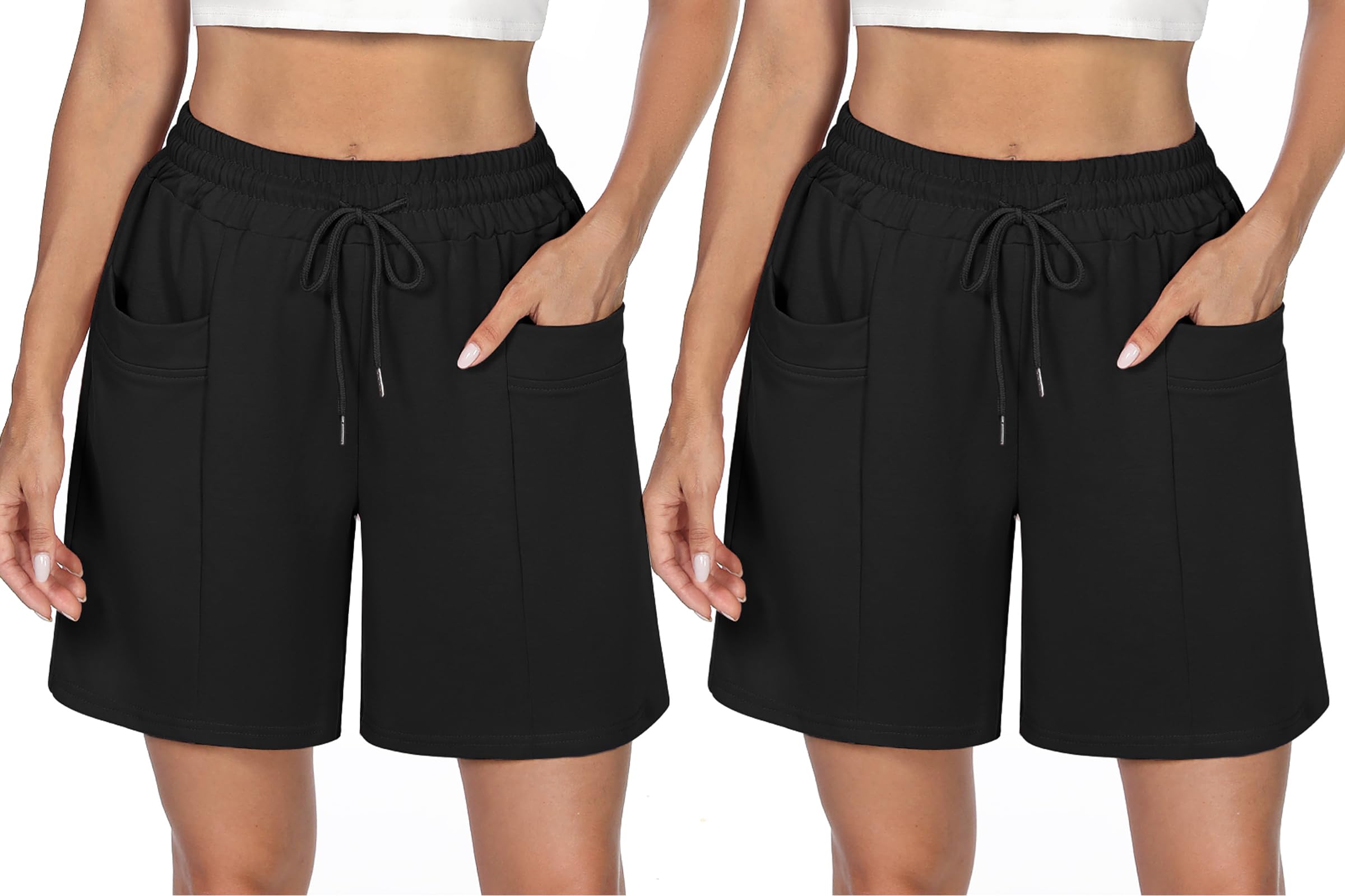 Demegimi Shorts Damen Bermuda Kurze Sporthose Knielang Sweatshorts Sommer Sport Shorts High Waist Lässig Kurz Hosen Baumwolle mit Taschen
