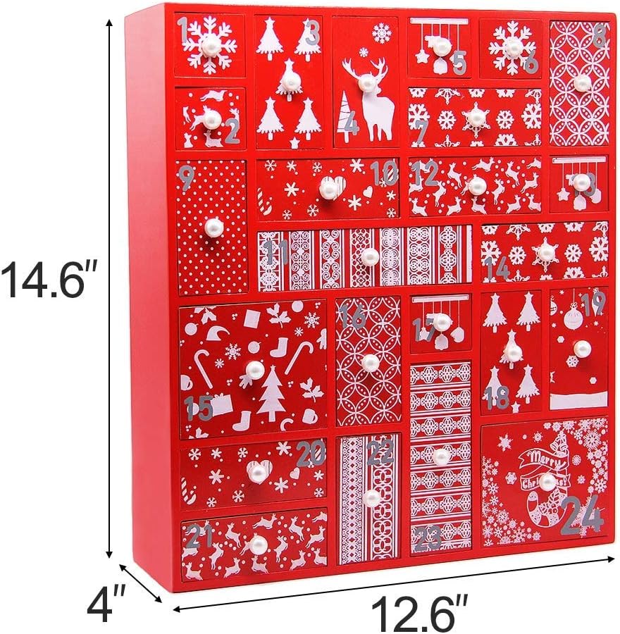 Juegoal Red Advent Calendar with 24 Drawers Countdown to Christmas, Refillable Wooden Advent, Christmas Gift for Children, 15 Inches Tall
