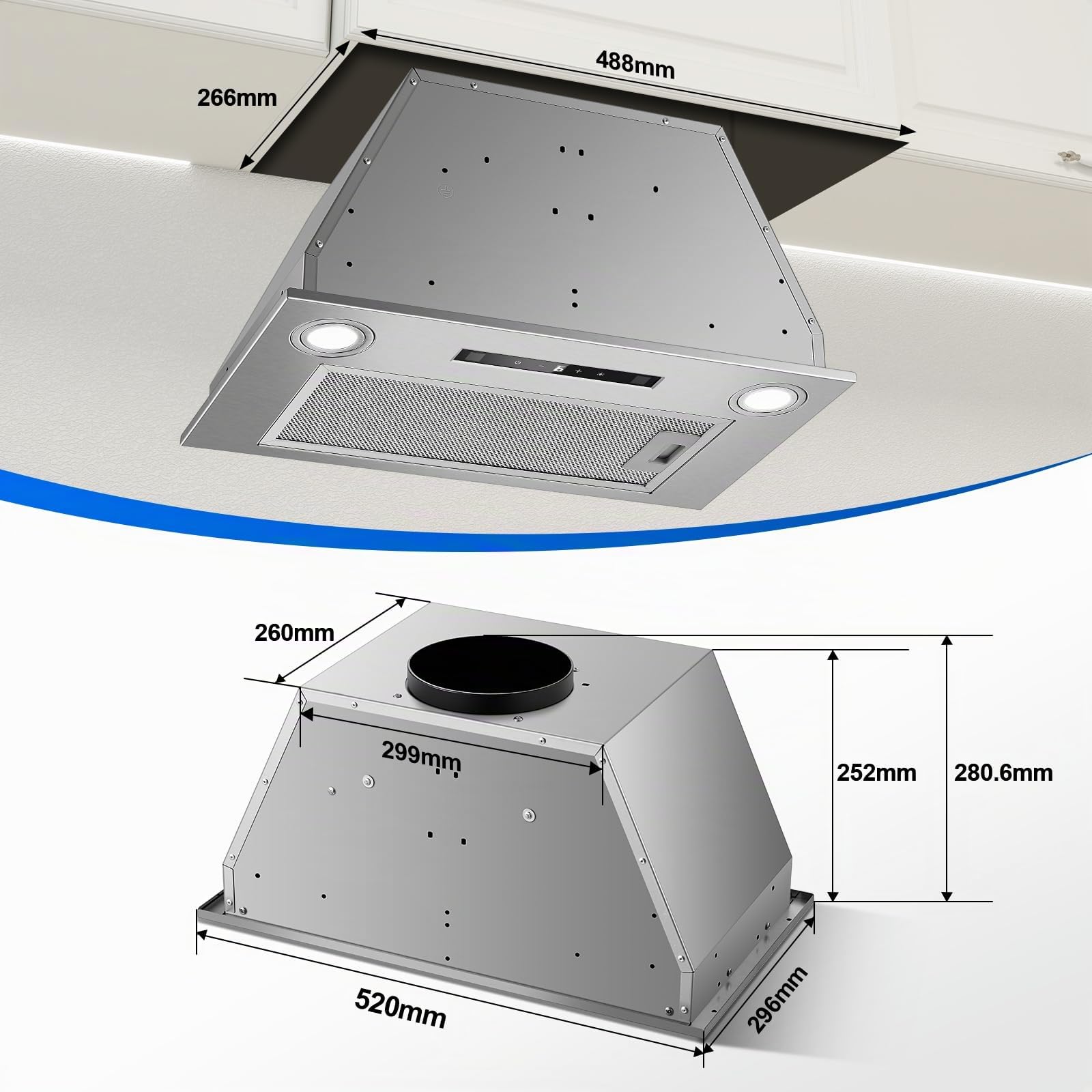 Cappa da incasso 52 cm, 400 m³/h Cappa da cucina, 3 velocità e Funzione Booster, Comandi Gesto, Tocco, Illuminazione a LED, Evacuazione dei condotti e ricircolo con filtro carbone attivo