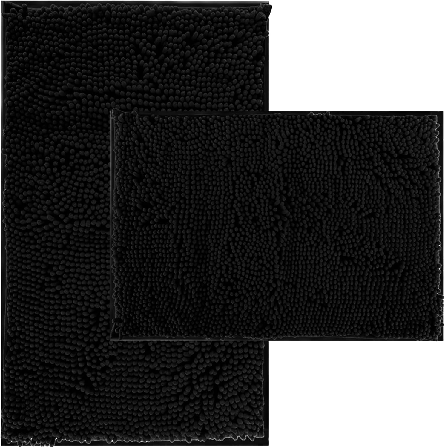 RUN HELIX Bathroom Rugs Set 2 Piece Thick Chenille Bath Mats, Soft Quick Dry Plush Absorbent Bath Rugs with Non-Slip PVC Backing, 32x20+24x16 Inch Black Black 32"L x 20"W + 24"L x 16"W
