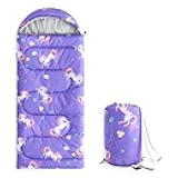 Kids Sleeping Bag for Girls Toddlers, Camping in Warm Cold Weather, Backpacking Lightweight Compact Outdoor Liner for 3 Seasons, Unicorns Stars Hearts