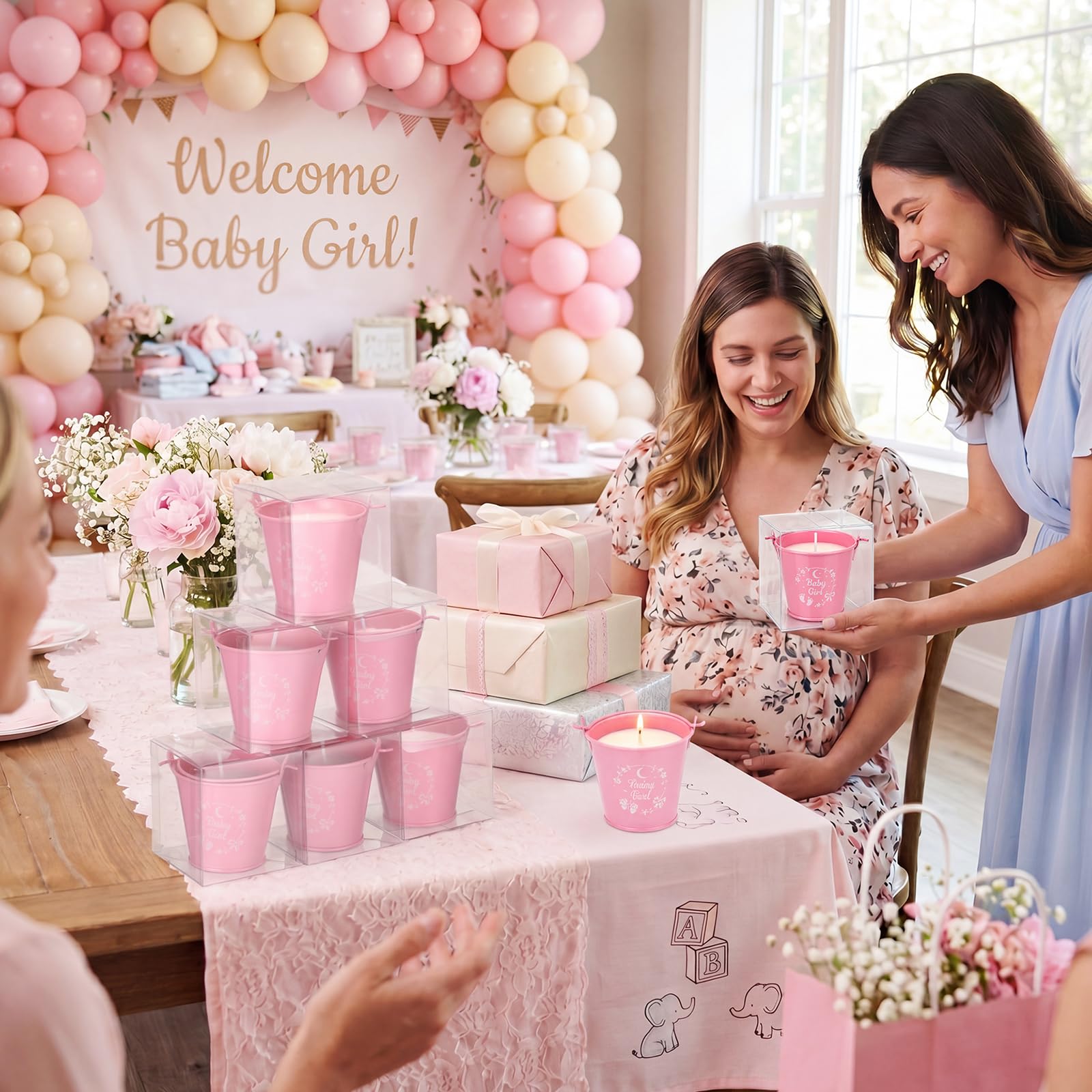 Treela Set di 24 candele per baby shower per ospiti profumate alla lavanda, 51 g, candela in cera di soia rosa secchio di ferro e confezione regalo per neonata rivelazione di genere forniture per