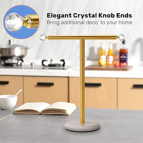 Miniatura 6 de Noonext Toallero de mano dorado con base de mármol pesado y perillas de cristal, soporte de toalla de encimera, soporte para toallas de mano en