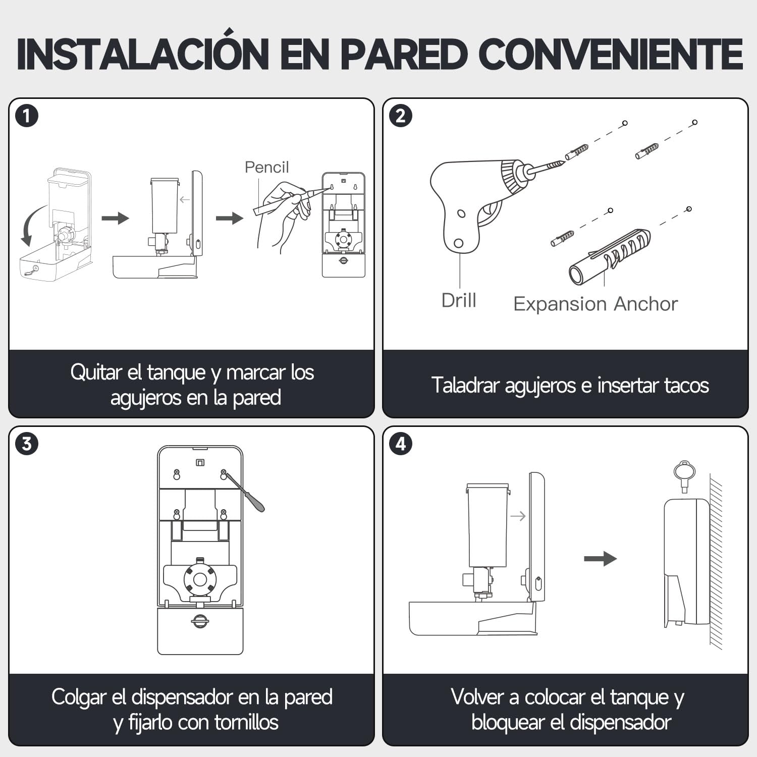 anydry Dispensador de jabón Mural Manual a presión, Capacidad de 800 ml con Ventana Visual, reemplazo Sencillo del jabón, Ideal para hogares y Negocios 1006 Negro